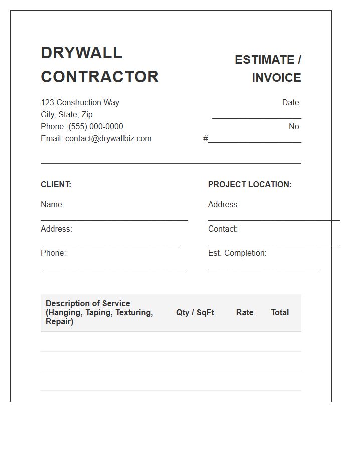 Drywall Contractor Service Estimate Invoice Template