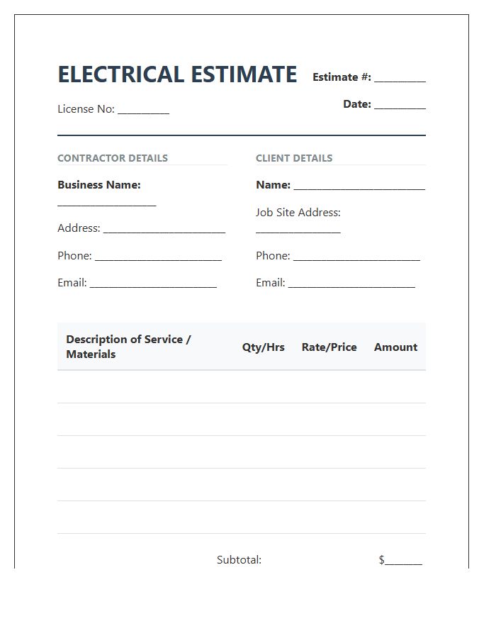 Electrical Contractor Work Estimate Invoice Template
