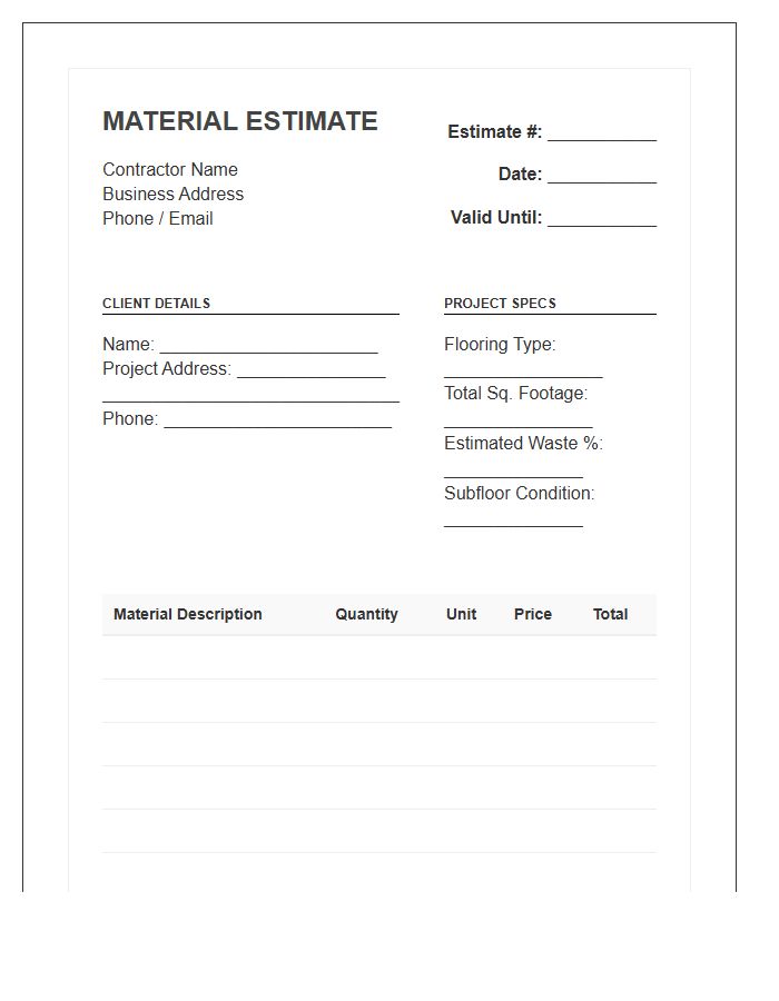 Flooring Contractor Material Estimate Invoice Template