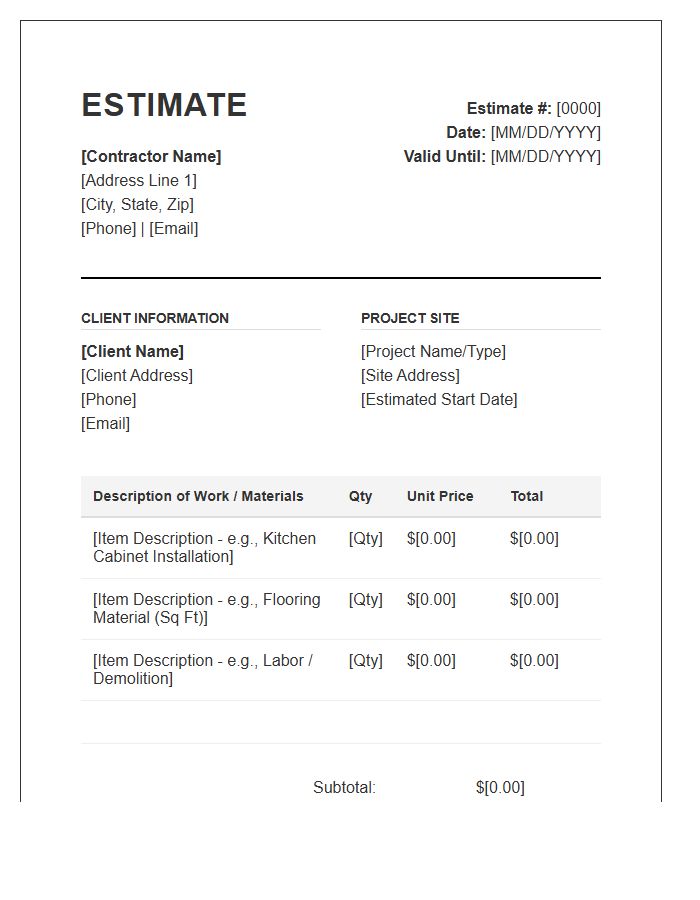 Home Renovation Contractor Estimate Invoice Template