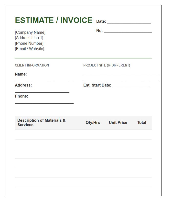 Landscaping Contractor Project Estimate Invoice Template