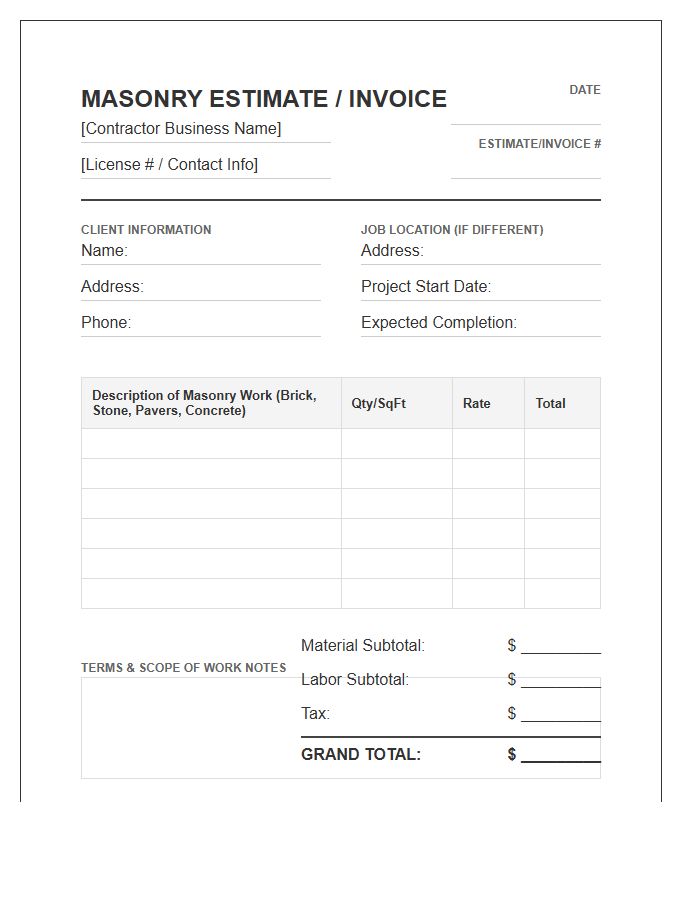 Masonry Contractor Work Estimate Invoice Template