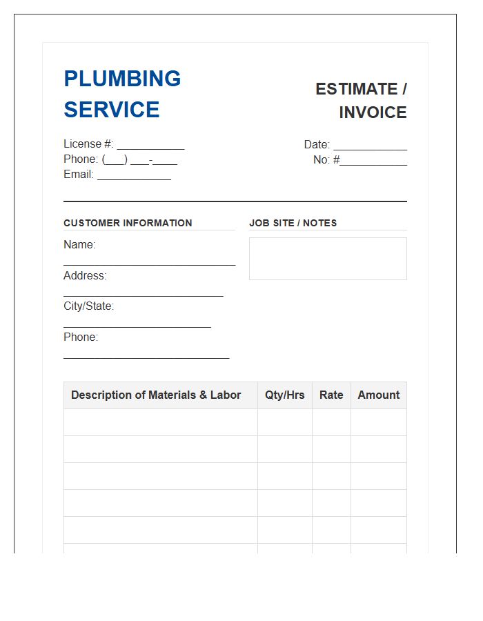 Plumbing Contractor Service Estimate Invoice Template