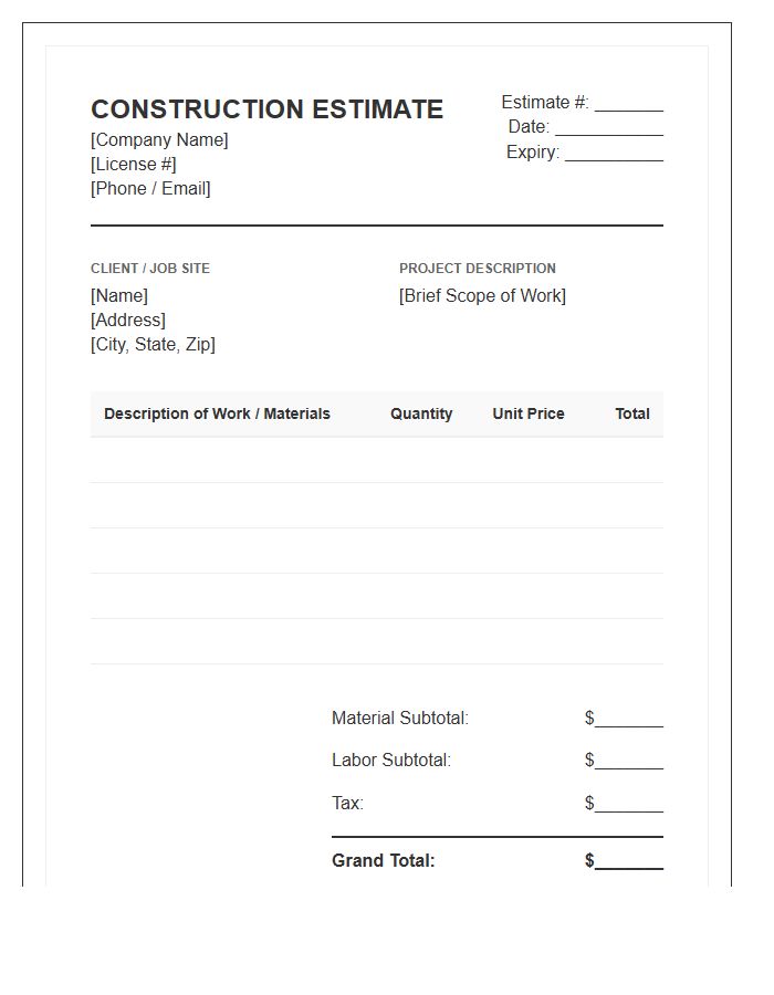 Residential Construction Contractor Estimate Invoice Template