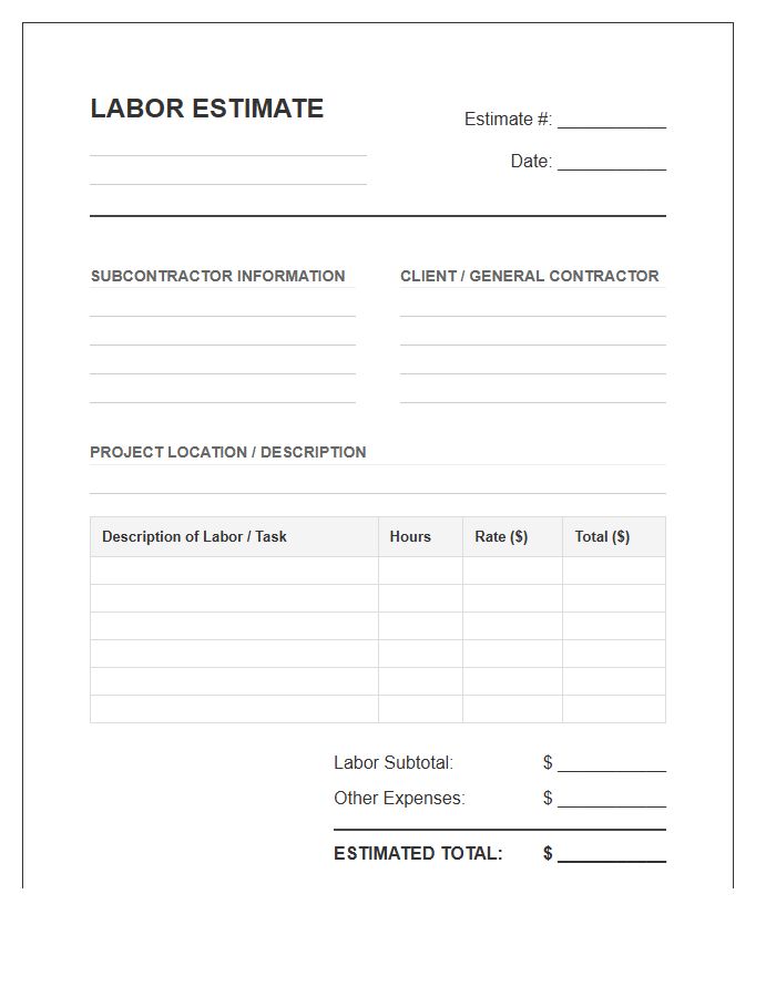 Subcontractor Labor Estimate Invoice Template