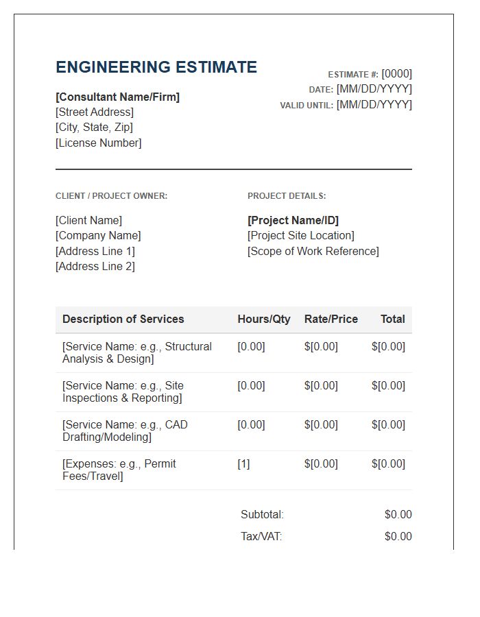 Engineering Consultant Estimate Invoice Template