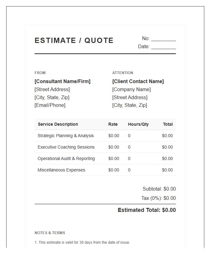 Executive Consultant Estimate Invoice Template