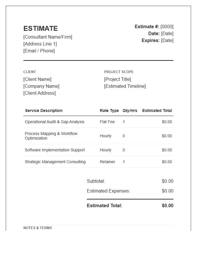 Operations Consultant Estimate Invoice Template