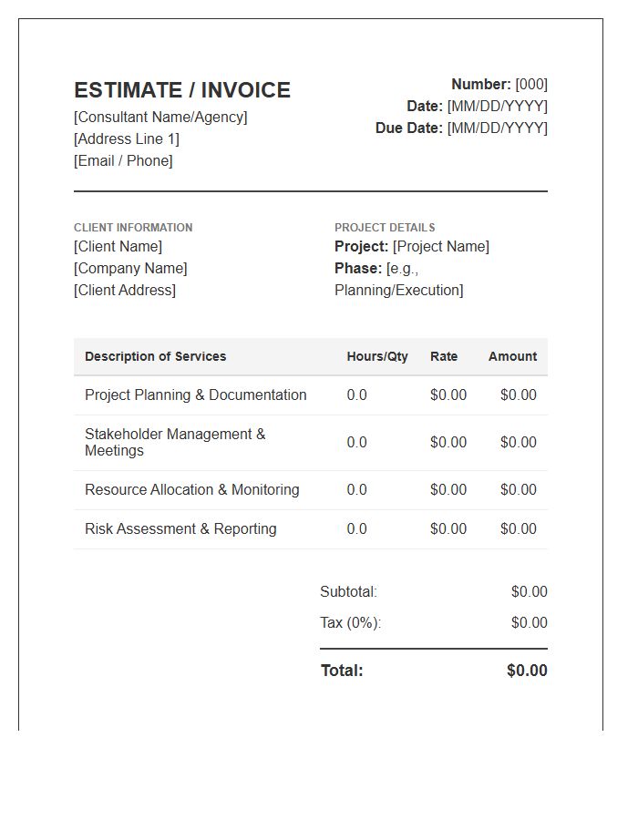 Project Management Consultant Estimate Invoice Template