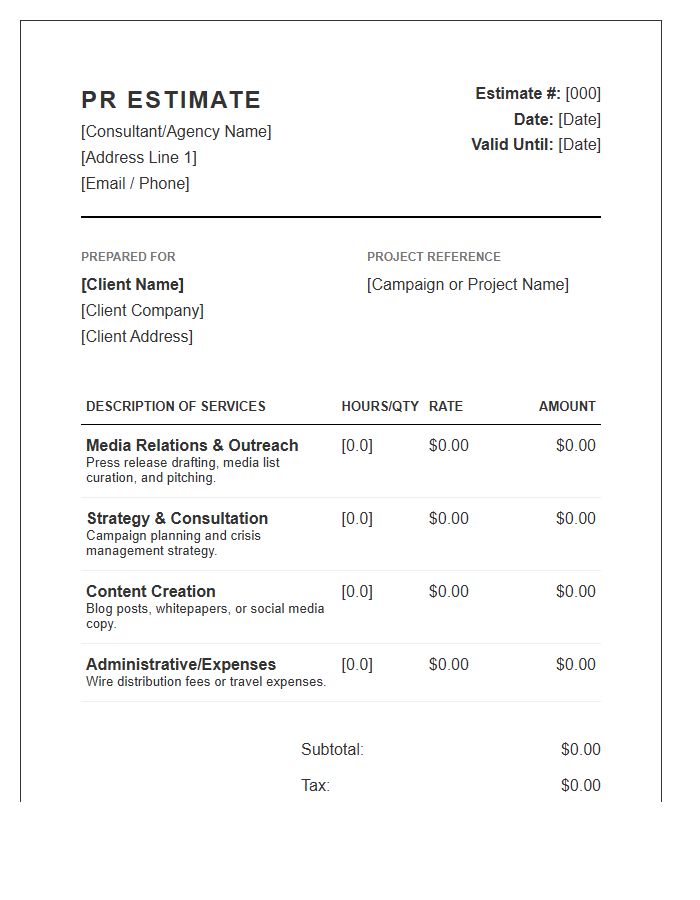 Public Relations Consultant Estimate Invoice Template