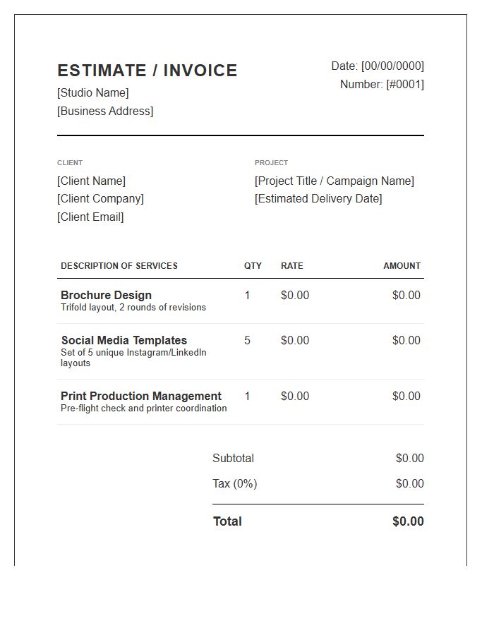 Marketing Collateral Graphic Design Estimate Invoice Template
