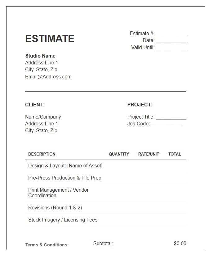 Print Production Graphic Design Estimate Invoice Template