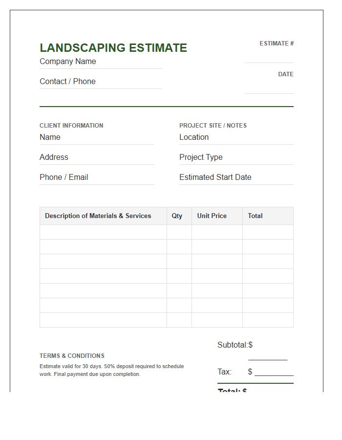 Landscaping Design Estimate Invoice Template