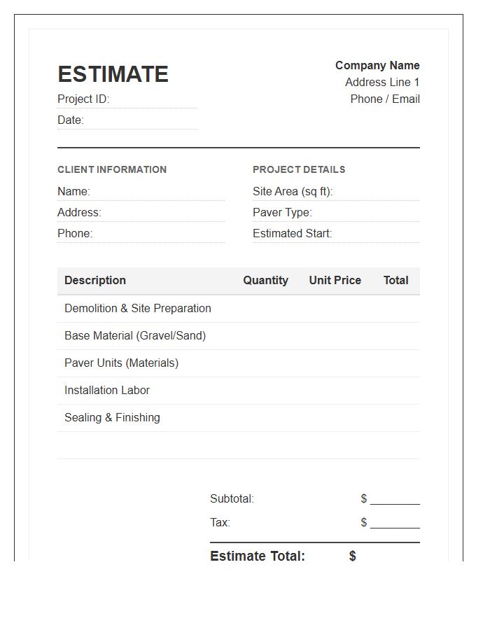 Paver Installation Estimate Invoice Template