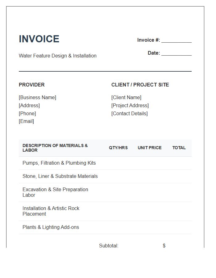 Water Feature Project Invoice Template