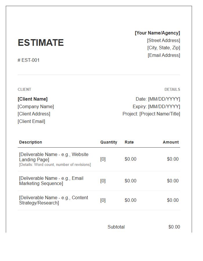 Copywriting Project Estimate Invoice Template