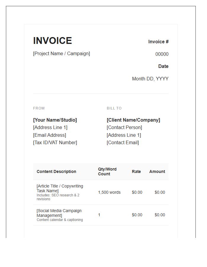 Creative Content Writing Invoice Template