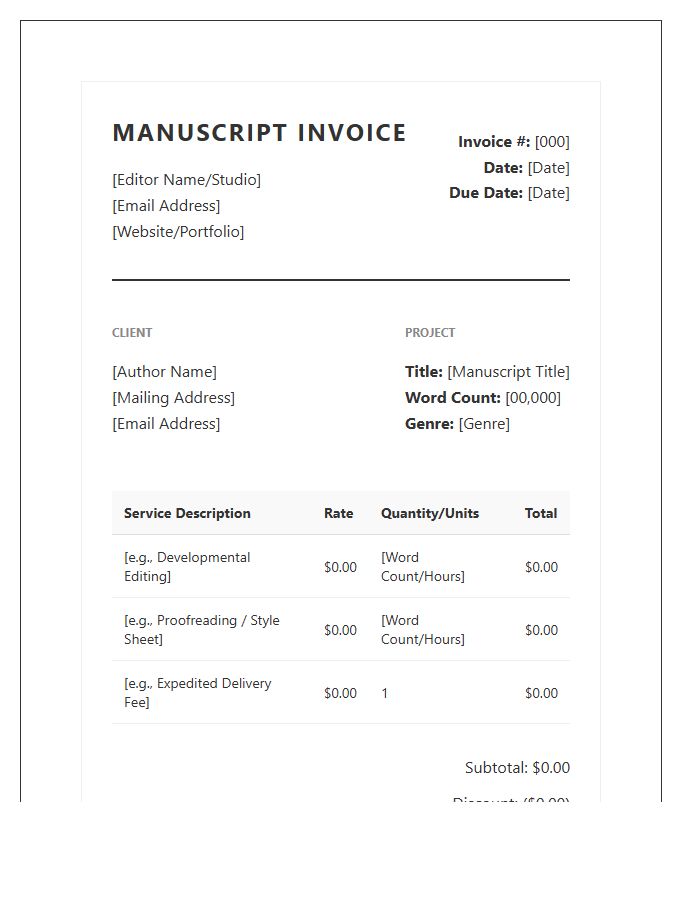 Creative Manuscript Editing Invoice Template