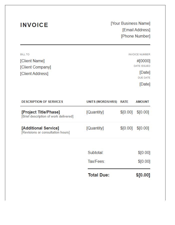 Ghostwriting Professional Service Invoice Template