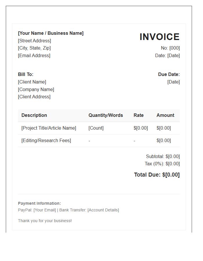Professional Freelance Writer Invoice Template