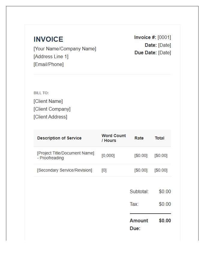 Professional Proofreading Service Invoice Template