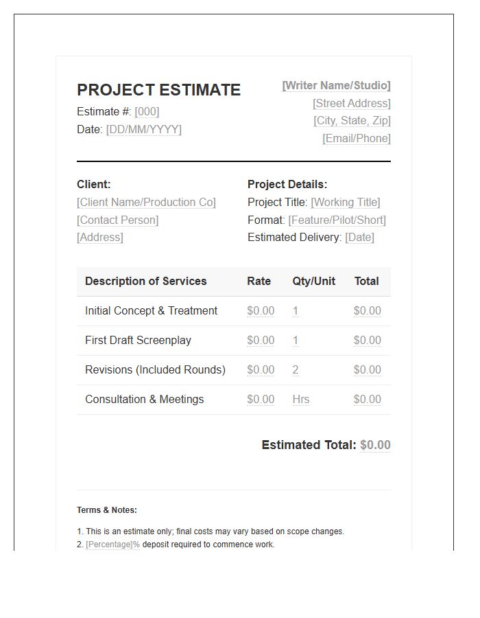 Scriptwriting Project Estimate Invoice Template