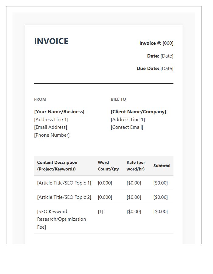 SEO Content Writer Invoice Template