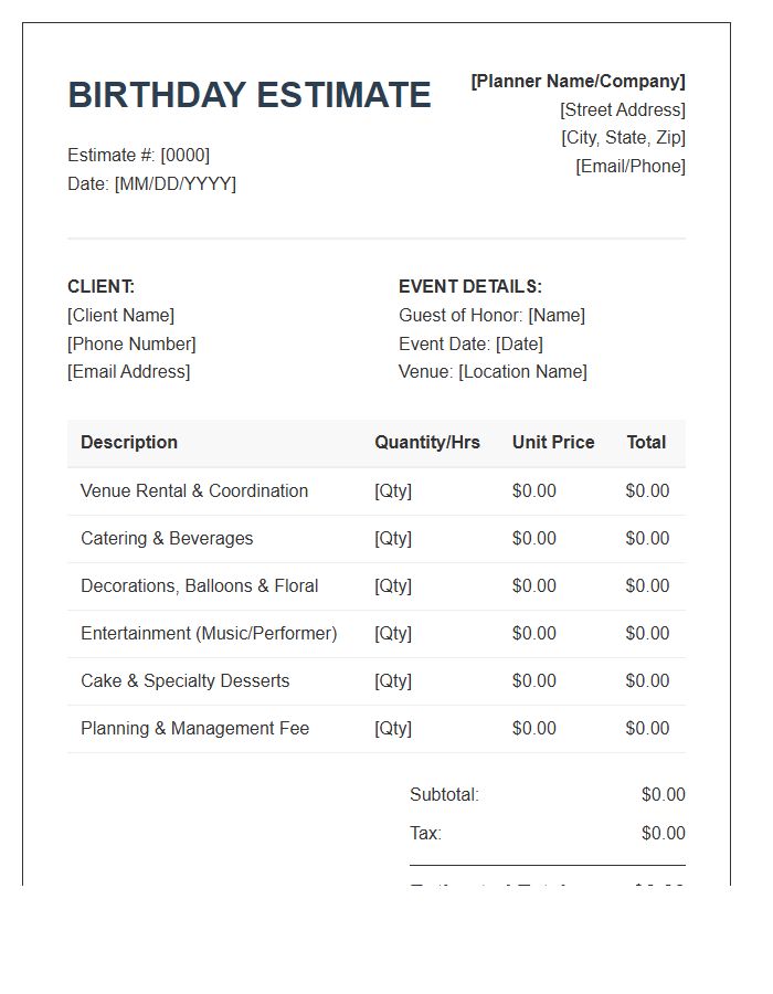 Birthday Party Planning Estimate Invoice Template