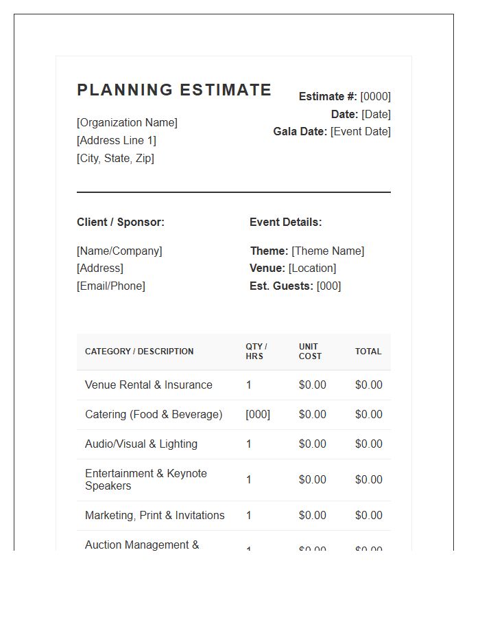 Charity Gala Planning Estimate Invoice Template