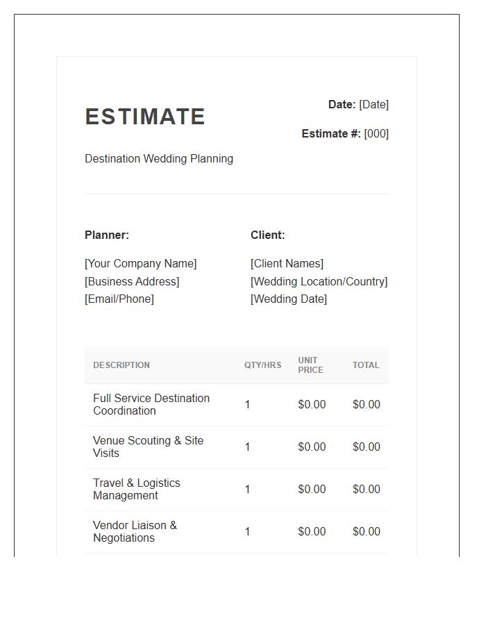 Destination Wedding Planning Estimate Invoice Template