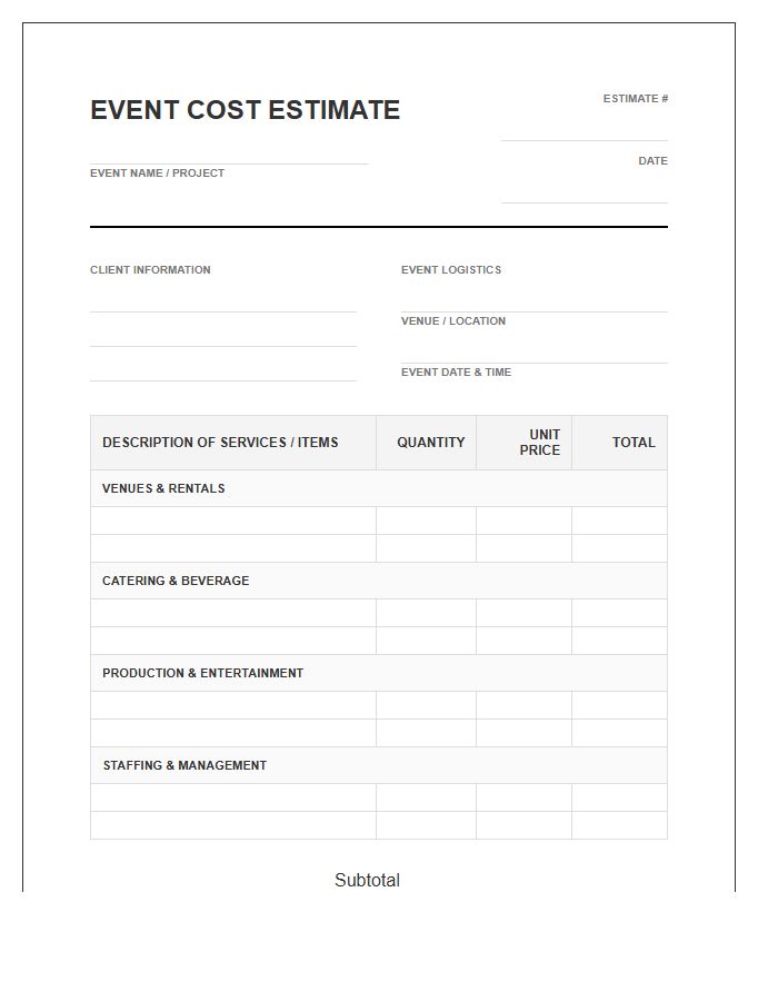 Detailed Event Cost Estimate Invoice Template