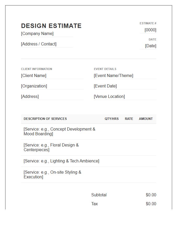 Event Design Services Estimate Invoice Template