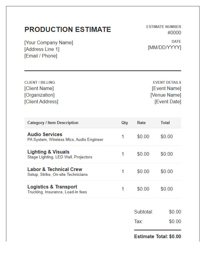 Event Production Estimate Invoice Template