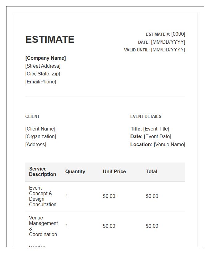Full Service Event Planning Estimate Invoice Template