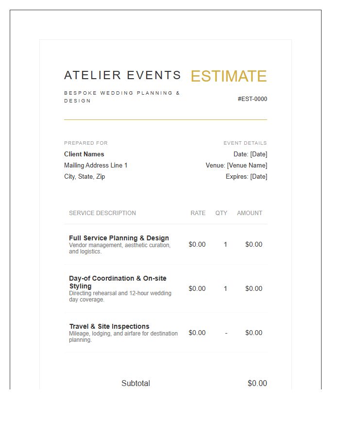 Luxury Wedding Planning Estimate Invoice Template