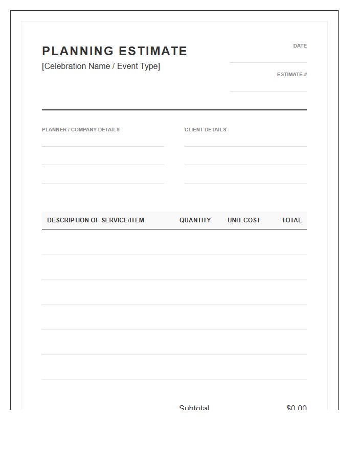 Private Celebration Planning Estimate Invoice Template