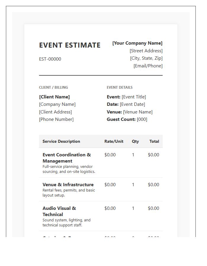 Professional Event Coordination Estimate Invoice Template