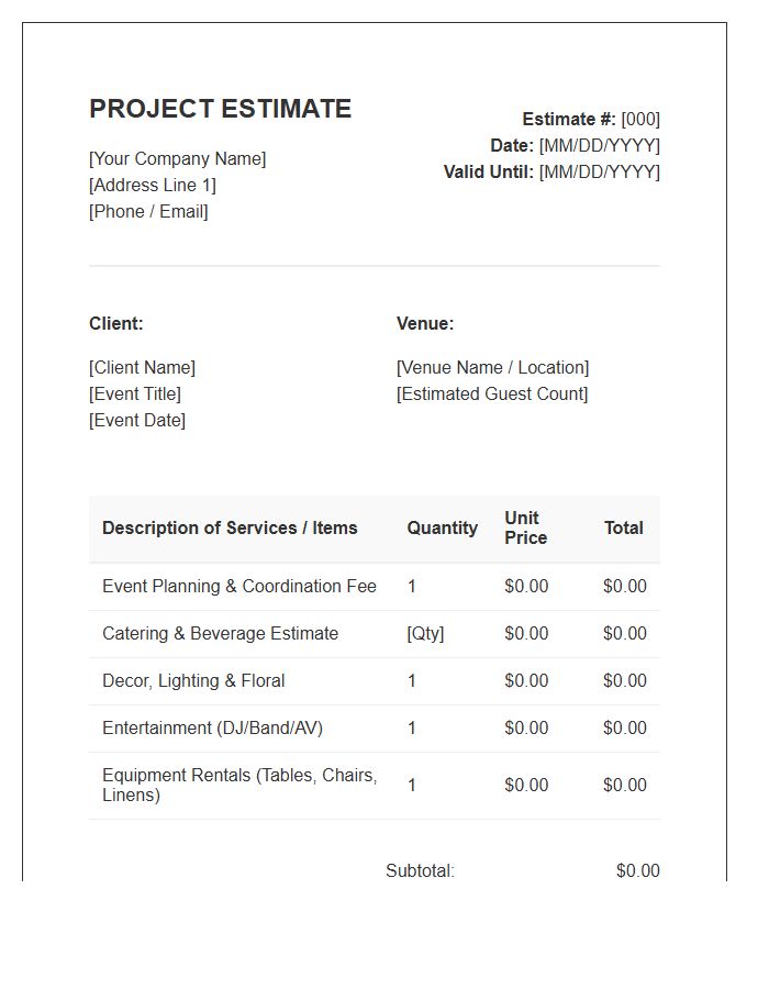 Social Event Planning Estimate Invoice Template