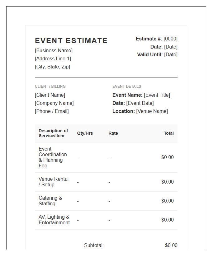 Special Event Planning Estimate Invoice Template