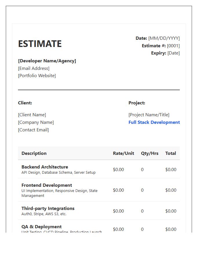 Full Stack Developer Estimate Invoice Template
