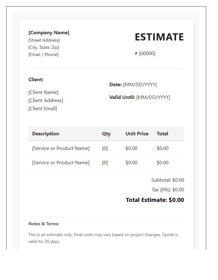 Mobile Responsive Web Estimate Invoice Template
