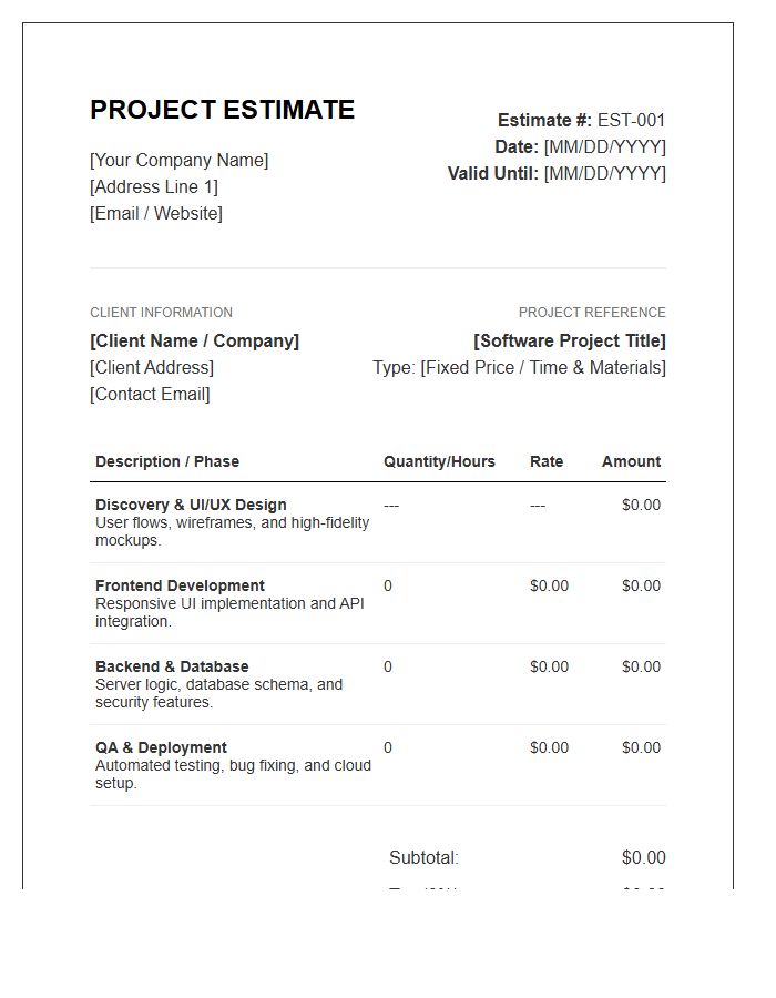 Software Development Project Estimate Invoice Template