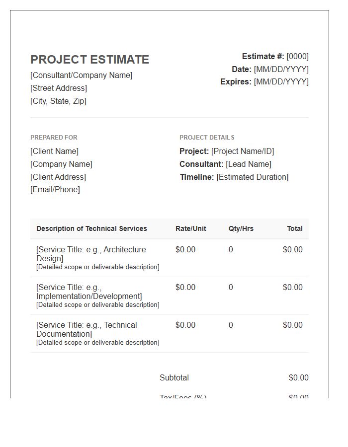 Technical Consulting Project Estimate Invoice Template