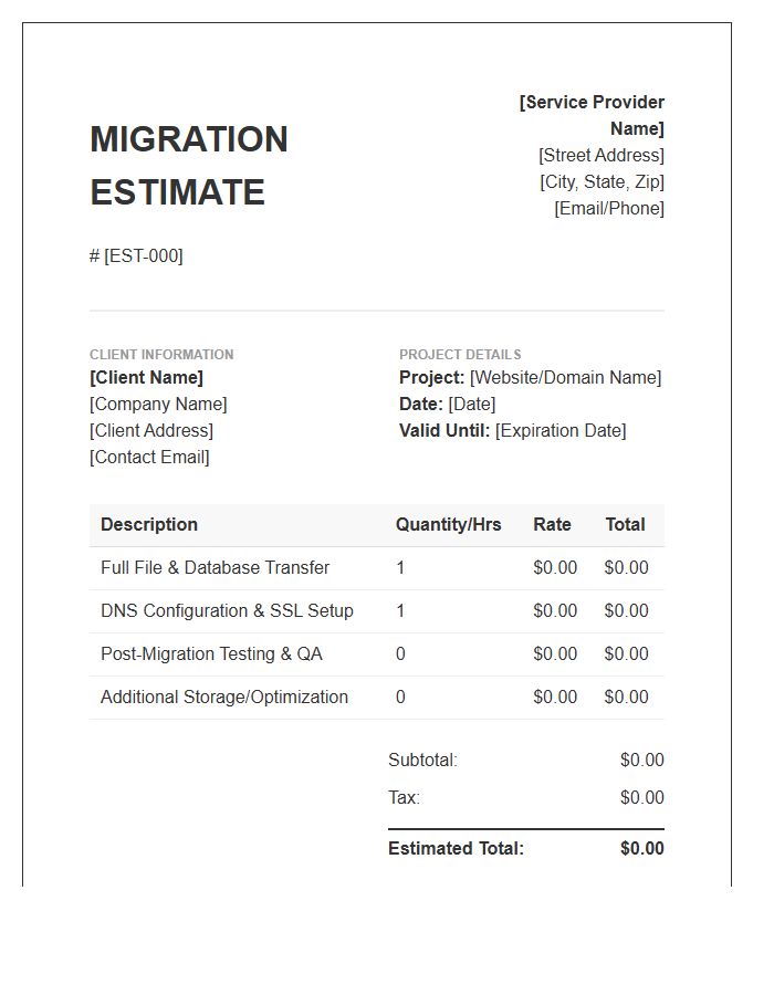 Web Hosting Migration Estimate Invoice Template