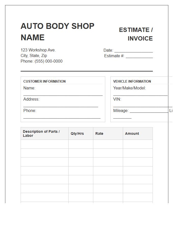 Auto Body Shop Estimate Invoice Template