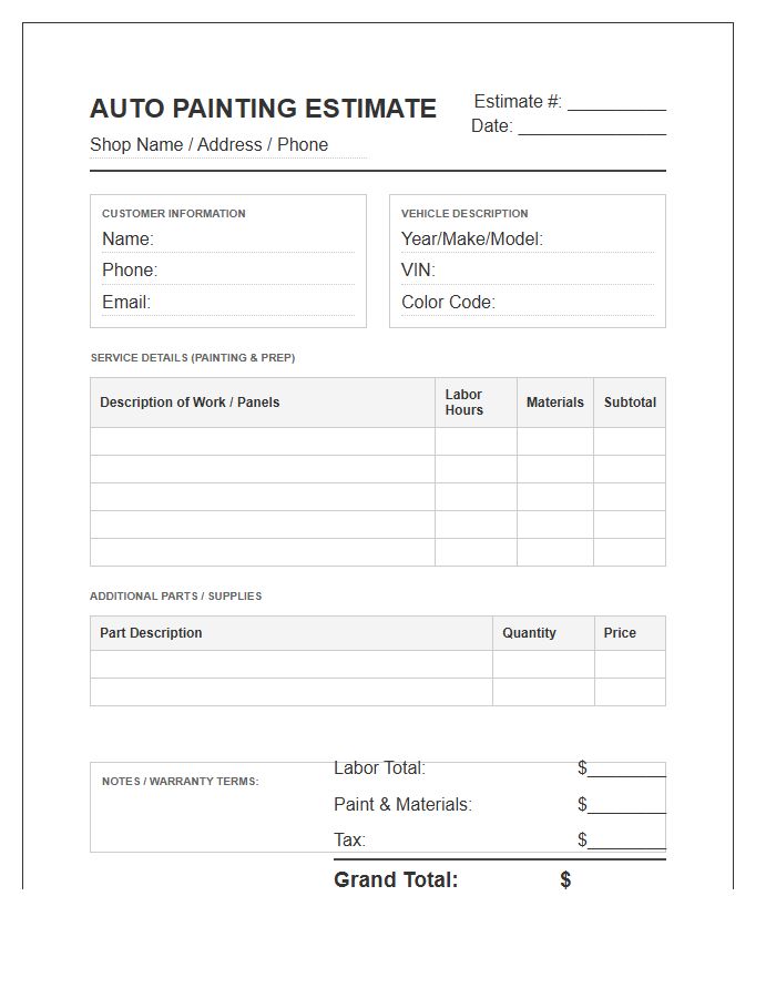Auto Painting Estimate Invoice Template