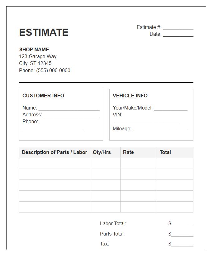 Auto Repair Shop Estimate Invoice Template