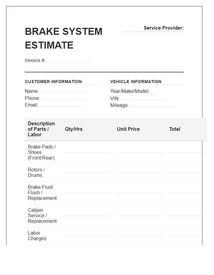 Brake System Estimate Invoice Template