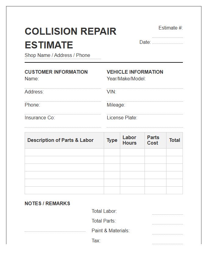 Collision Repair Estimate Invoice Template