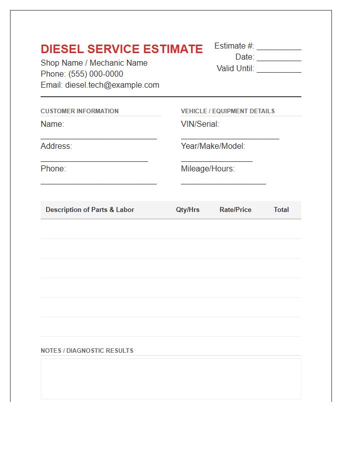 Diesel Mechanic Estimate Invoice Template
